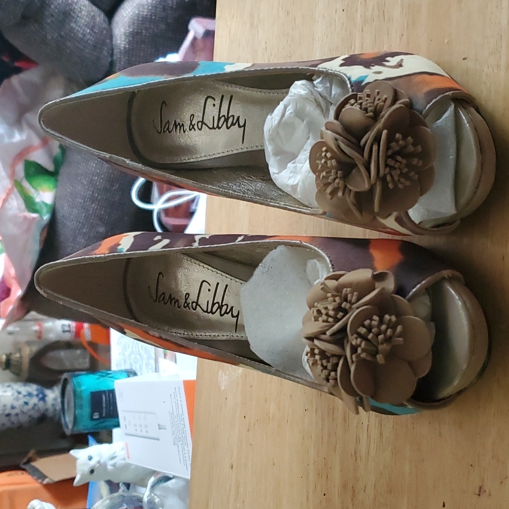 Women's high heel open-toed shoes by Sam & Libby.